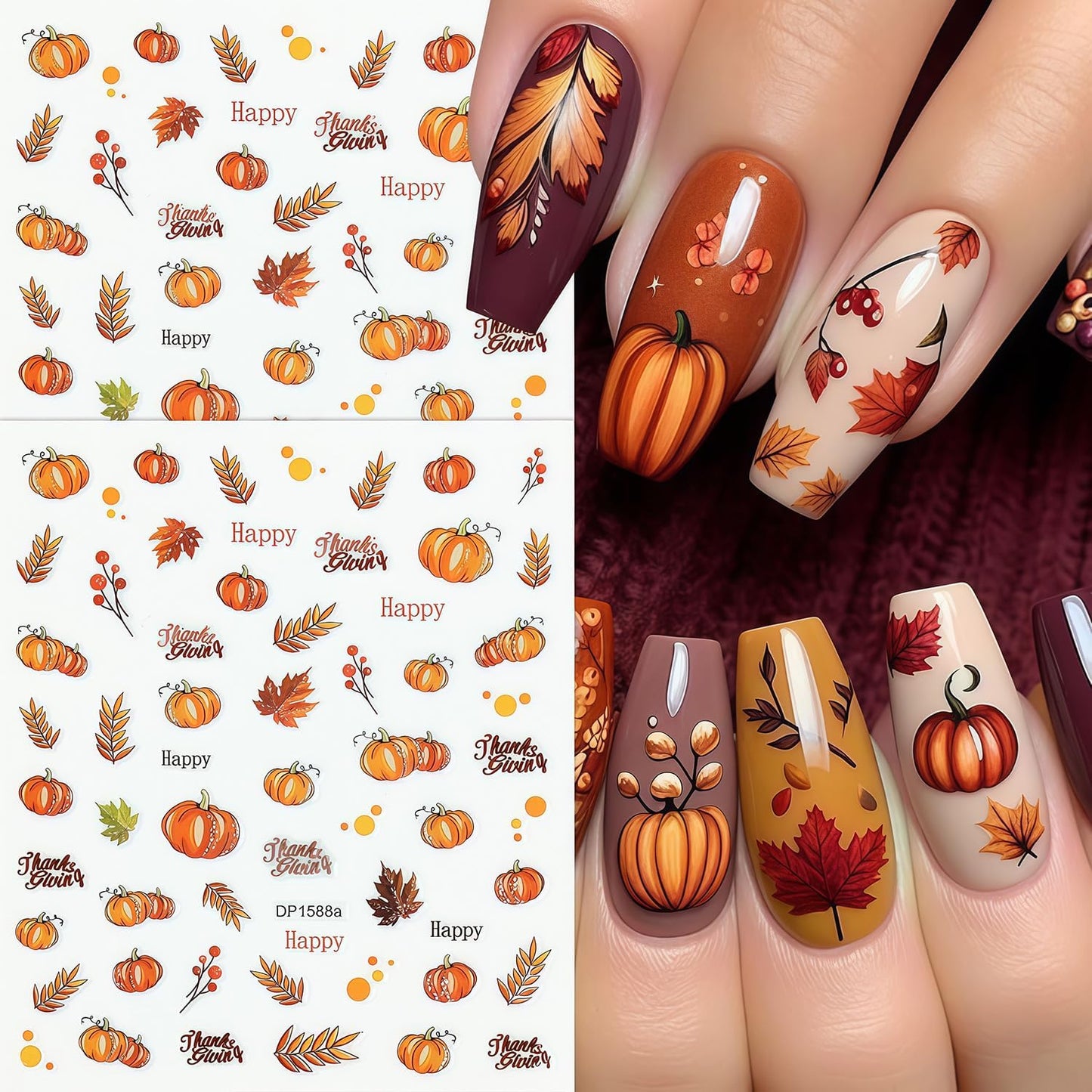 10 Sheets Thanksgiving Day Nail Stickers for Nail Art Fall Nail Sticker 3D Self-Adhesive Shiny Autumn Maple Leaf Turkey Pumpkin Nails Decals Holiday Maple Leaves Manicure Decoration for Salon Nails