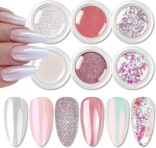 Born Pretty Pink Chrome Nail Powder Metallic Mirror Glitter Sequins Holographic Aurora Pigment Powder Manicure Nail Art Decoration Sets 6 Boxes