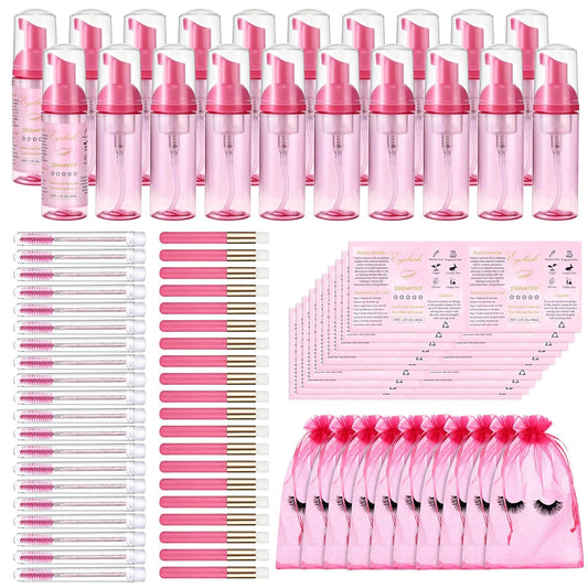 100 Pcs Lash Shampoo Bottle Brushes Set 20 Empty Foam Pump Dispensers 20 Label Stickers 20 Mascara Wands Tubes 20 Cleansing Brush 20 Bag for Eyelash Extensions Aftercare(Red Rose)