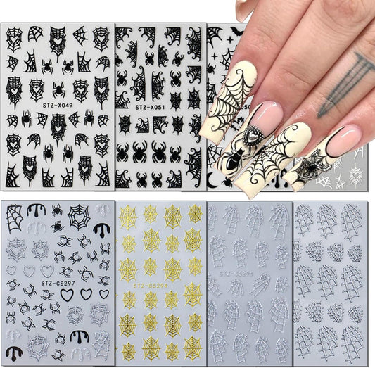 8Sheets Halloween Nail Art Stickers Spider Web Nail Stickers for Nail Art 3D Self-Adhesive Nail