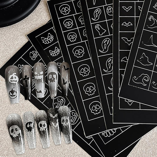 Halloween Airbrush Stencils Nail Sticker, Skull Ghost Bat Nail Art Stickers Nail Stencils Decals, Holiday Design Hollow Nail Guides Decal for Women Decoration DIY Tools 6Pcs