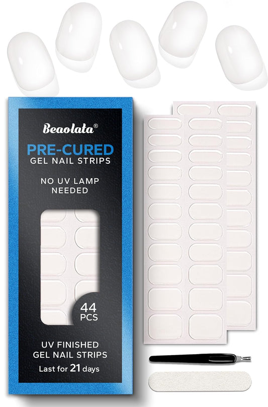 Pre Cured Gel Nail Strips - 44PCS Salon Quality Gel Nail Stickers - Long Lasting Polish Wraps for