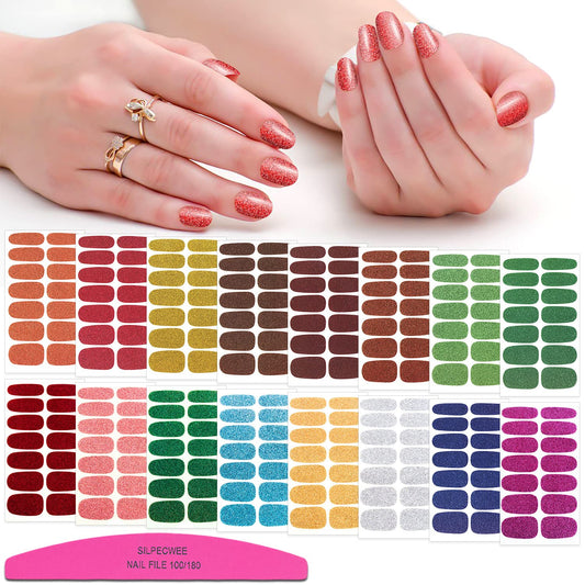 SILPECWEE 224 Pieces 16 Sheets Nail Polish Strips for Women Nail Polish Stickers Glitter Nail Wraps