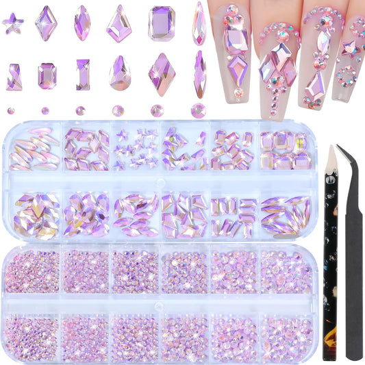Nail Rhinestones - 3D Multi Shape Size, Flat Back, Crystals Manicure Rhinestones Charms, Pink AB