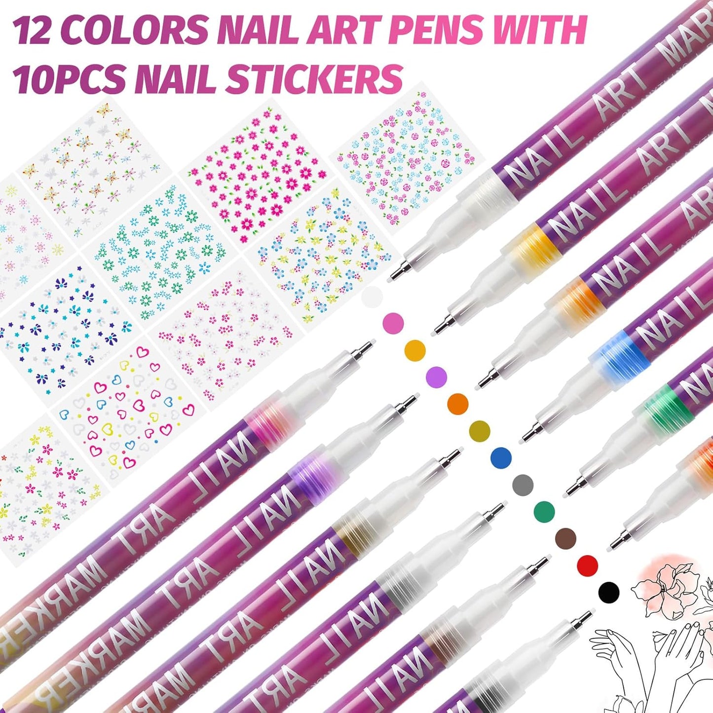 miikoul 12 Colors Nail Art Pens Set 0.7mm Art Graffiti Pen with 10PCS Nail Art Stickers 3D Nail Polish Paint Pens Quick Drying Waterproof Drawing Marker Pen for Nail Art Drawing and Salon DIY