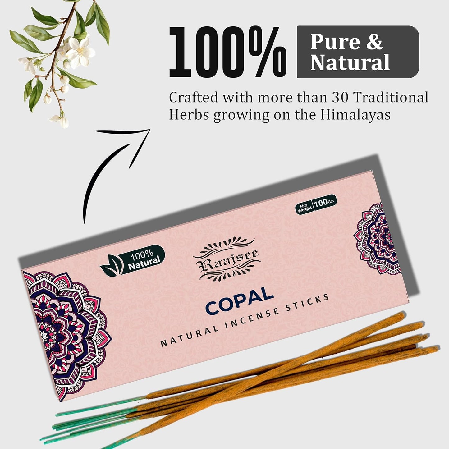 100% Natural Copal Incense Sticks 100 gm Pack, Charcoal Free –– Organic Non Toxic Insence Sticks, Made with Flowers - Meditation Gifts for Spiritual Cleansing