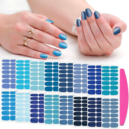 SILPECWEE 16 Sheets Blue Nail Wraps for Women Glitter Solid Color Nail Polish Stickers Stick on
