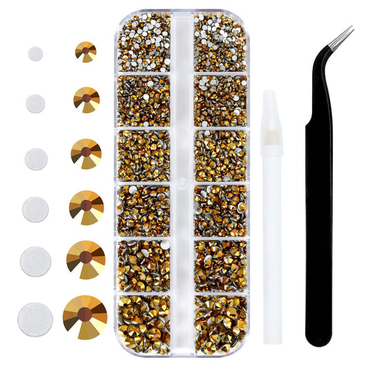 4240Pcs Gold Flatback Rhinestones 6 Sizes Crystal Diamonds for Nail Art Crafts Clothes Shoes with