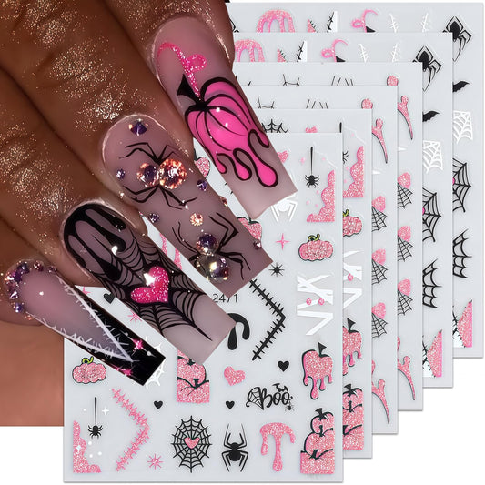 6 Sheets Halloween Nail Stickers for Nail Art 3D Self-Adhesive Pink Glitter and Black Spider Web