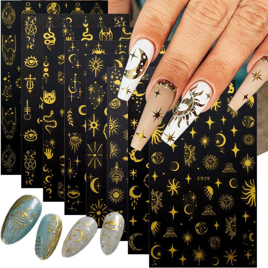 8 Sheets Metallic Sun Star Moon Nail Art Stickers 3D Self-Adhesive Gold Decals Sun God Asterisk
