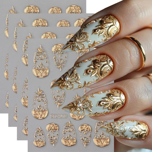 4Pcs Gold Nail Art Stickers 5D Embossed Golden Flower Nail Decals Fall Nail Art Supplies Flower