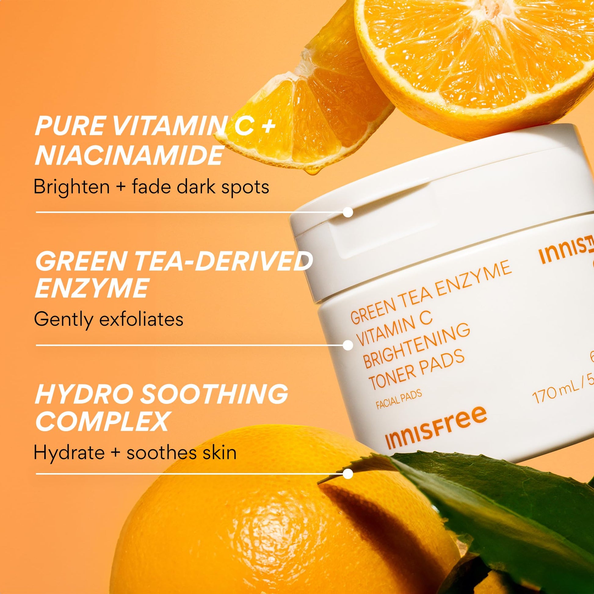 innisfree Green Tea Enzyme Vitamin C Toner Pads | Brightening Korean Face Pads with Hyaluronic Acid