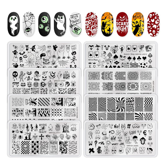 8PCS Halloween Nail Stamping Plates, Pumpkin Skull Bat Poker Image Stainless Steel Stencil, DIY