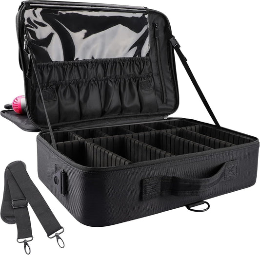 JOURMON Travel Makeup Case Portable Makeup Train Case Organizer Cosmetic Bag with Adjustable Dividers and Shoulder Strap for Makeup Brushes Toiletry Travel Accessories(Pure Black, L)