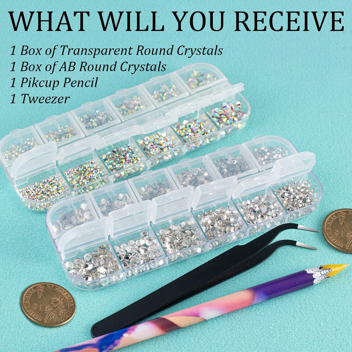 3440pcs 6 Sizes Transparent White and AB Glass Crystal Kit with Pickup Pen + Tweezer Tools for Iridescent Shine Nail Art Manicure Makeup DIY Deco Flatback Round Bead Rhinestone Gem Jewelry Diamond