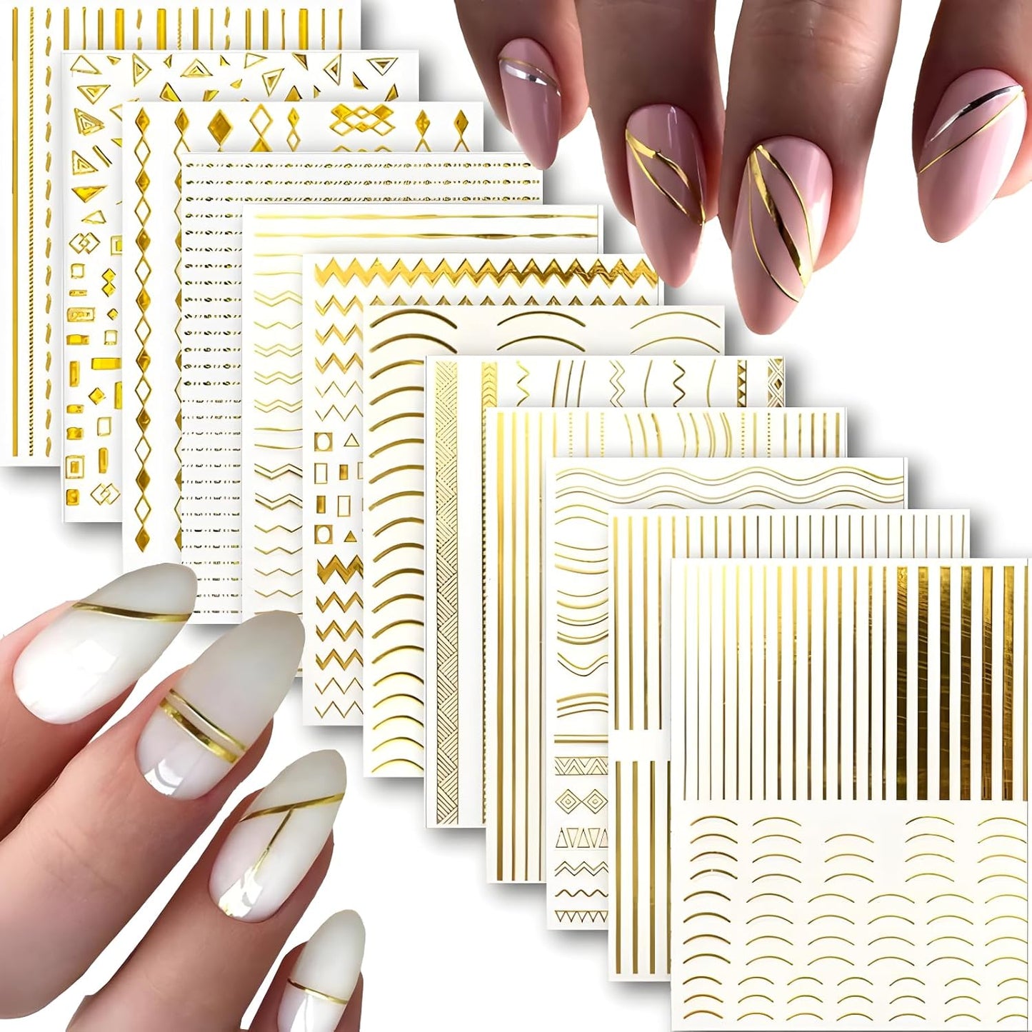 12 Sheets Gold Nail Stickers for Nail Art 3D Self Adhesive Line Nail Decals Gold Nail Art Stickers Gold Stripe Wave Nail Design French Nail Supplies for DIY Manicure Decoration for Women