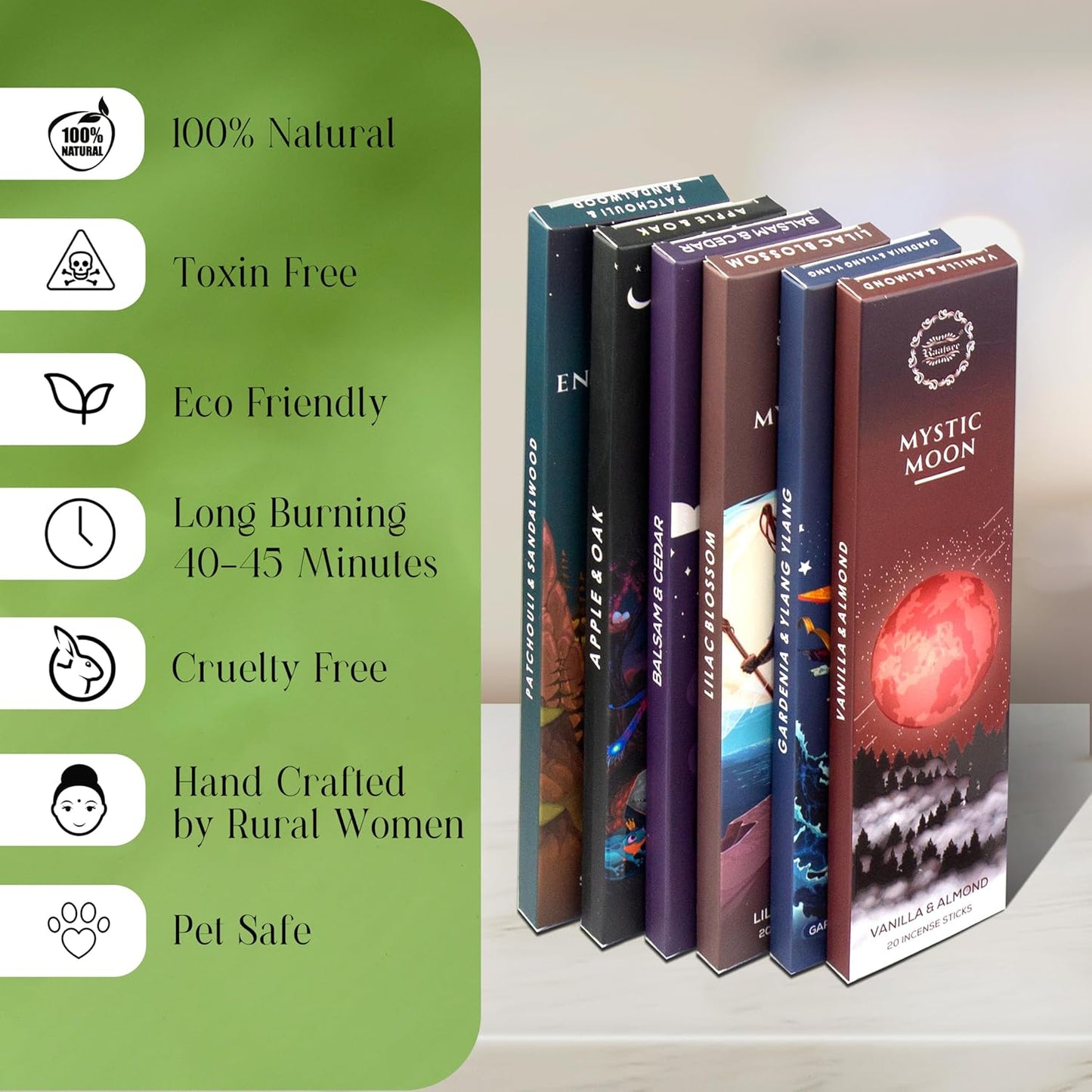 Raajsee Natural Incense Sticks with Inscent Holder, Pack of 6 Organic Insence-Sticks, 120 Incent Sticks, No Black Smoke,Witchy Gifts, Balsam & Cedar, Sandalwood, Apple Oak, Ylang Ylang, Vanilla