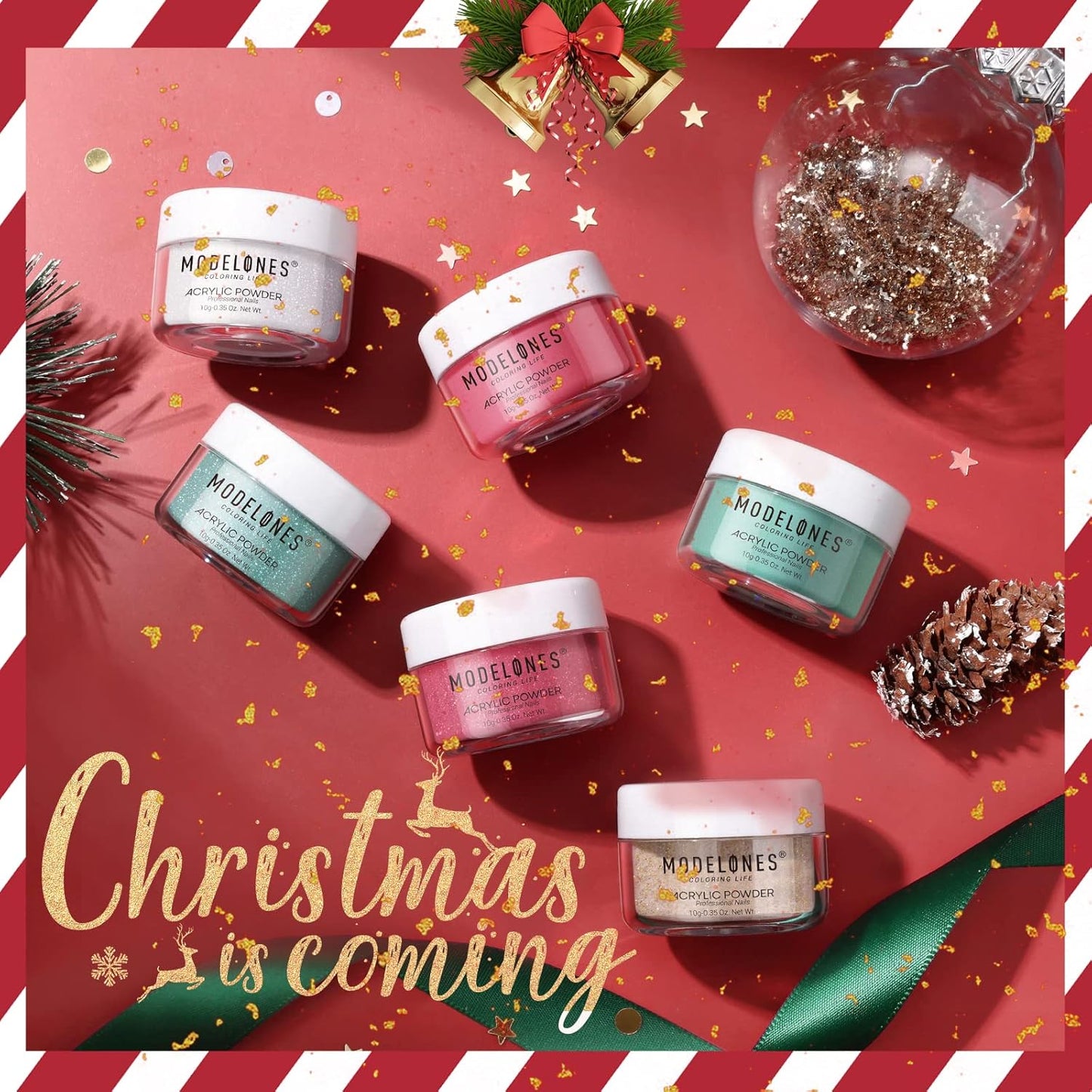 Modelones Christmas Colors Acrylic Powder Kit - 6 Colors Golden Glitter Yellow Green Dark Red Sliver Christmas Eve Cover Powder for Nail Art Extension - No Lamp Needed (C7-Lucky Clover)