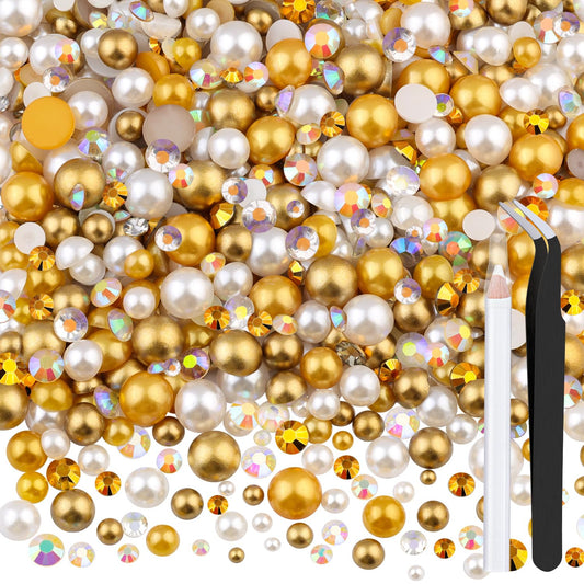 80g Flatback Pearls and Rhinestones for Bedazzling, Champagne Gold Mixed Size 3-10mm Resin