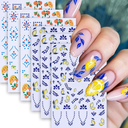 6Pcs Summer Nail Art Stickers 3D Self-Adhesive Orange Lemon Nail Decals Strawberry Blueberry