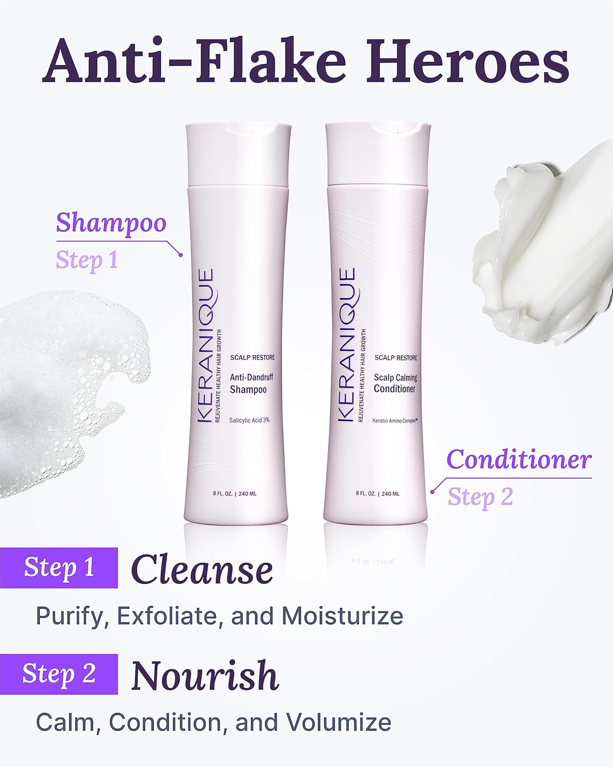 Anti Dandruff Shampoo & Scalp Restoring Conditioner - Gentle for Color-Treated Hair - Best for Thinning Hair & Dry Scalp - Antidandruff Shampoo for Women & Deep Conditioner by Keranique