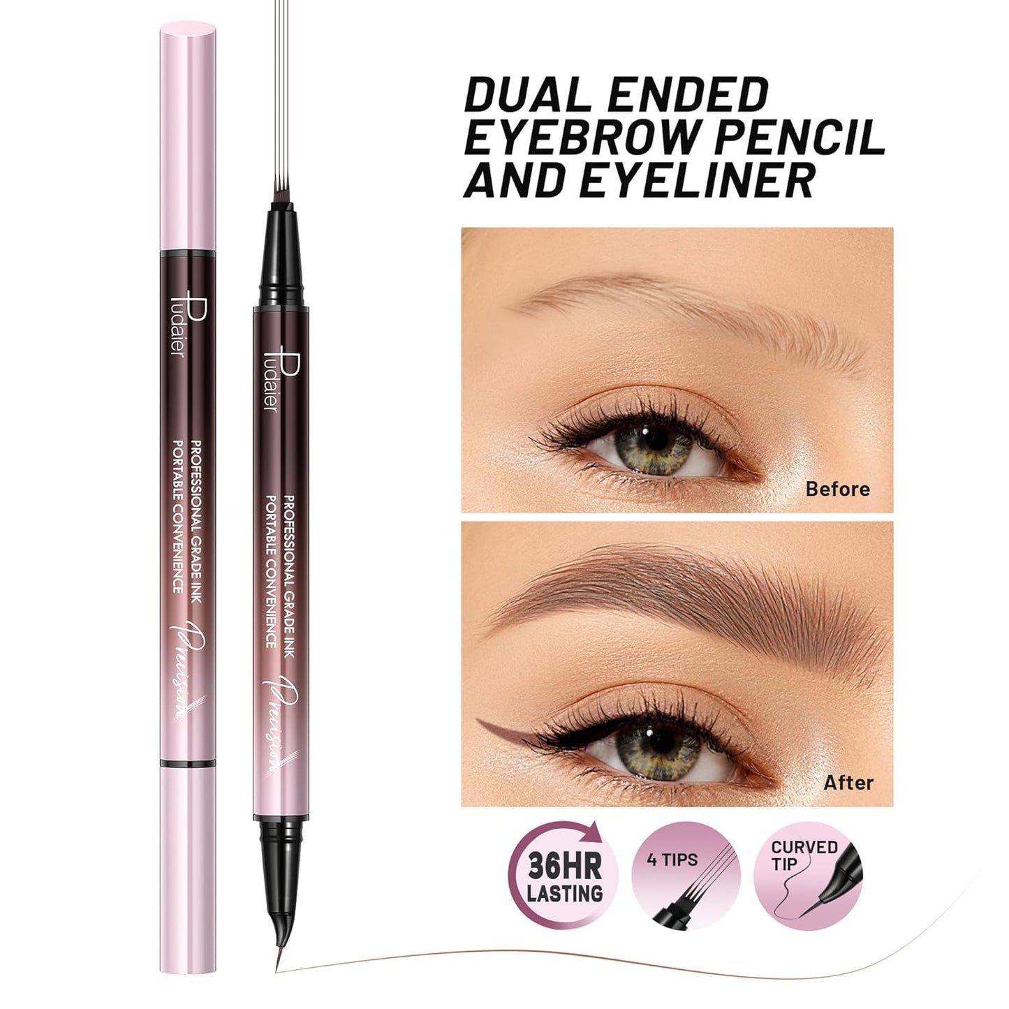 2 Pack Eyebrow Pen, Waterproof Microblading Eyebrow Pencil, 2-in-1 4 Tip Eye Brow Makeup Pen for Women with Precise Curved Brush-Tip Create Natural Hair-Like Brows, Last All-Day (Natural Brown)