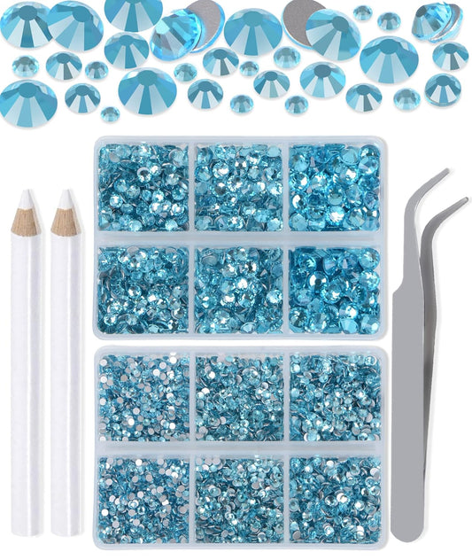 LPBeads 6000 Pieces Lake Blue Non Hotfix Rhinestones 6 Sizes Round Crystal Glass Flat Back