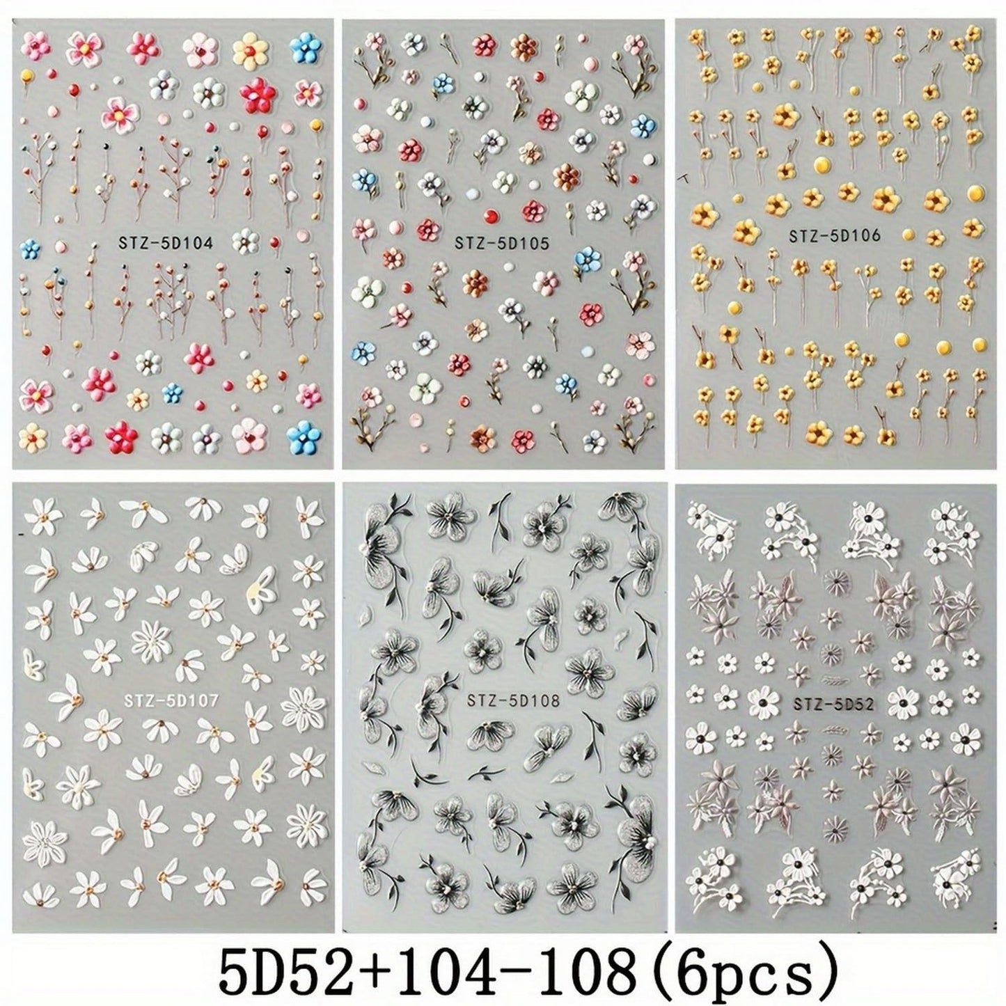 6 Sheets Flowers Nail Art Stickers Decals 5D Self-Adhesive Spring Colorful Embossed Floral Nails Decals Designs DIY Flowers Nail Stickers Supplies for Women Nail Art Manicure Decoration Accessories