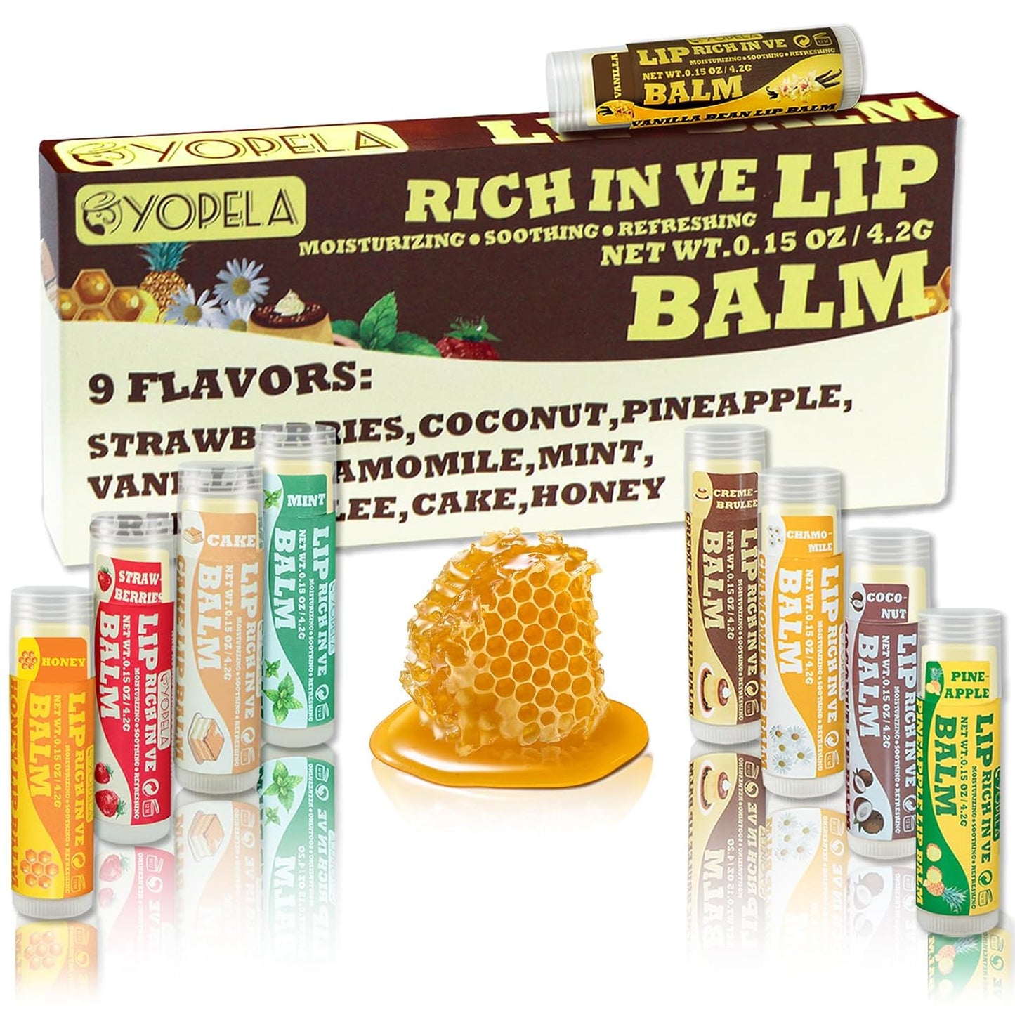 Yopela Lip Balm Variety Pack - 9 Delicious Flavors - Natural Lip Balm in Bulk with Vitamin E and Coconut Oil - Moisturizing, Soothing, and Repairing Dry and Chapped Lips Valentine's Gift