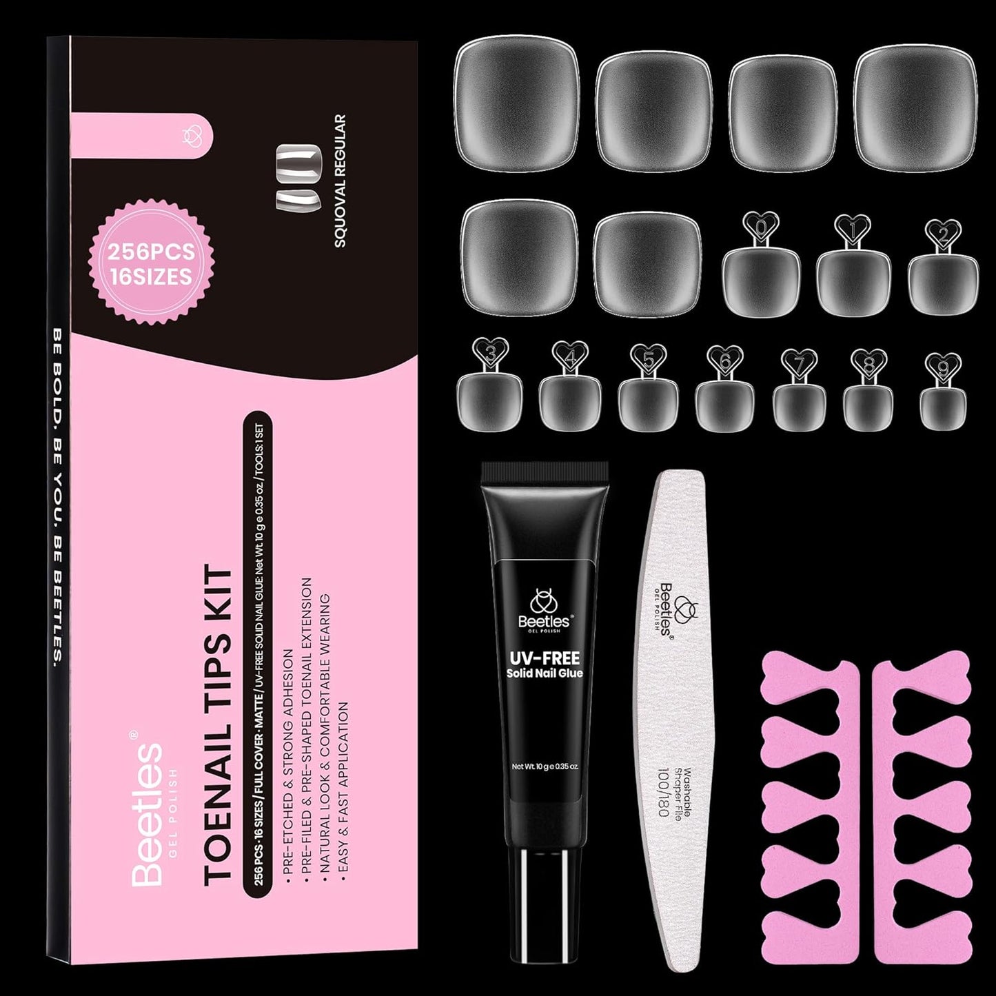 Beetles Toe Nail Tips Kit Square with Nail Glue - 16 Sizes 256 Pcs Pre-etched Double Matte Full Cover Press on Toenails Super Strong Nail Glue, Toe Nail Extensions Set for Women