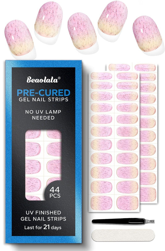 Pre Cured Gel Nail Strips - 44PCS Salon Quality Gel Nail Stickers - Long Lasting Polish Wraps for