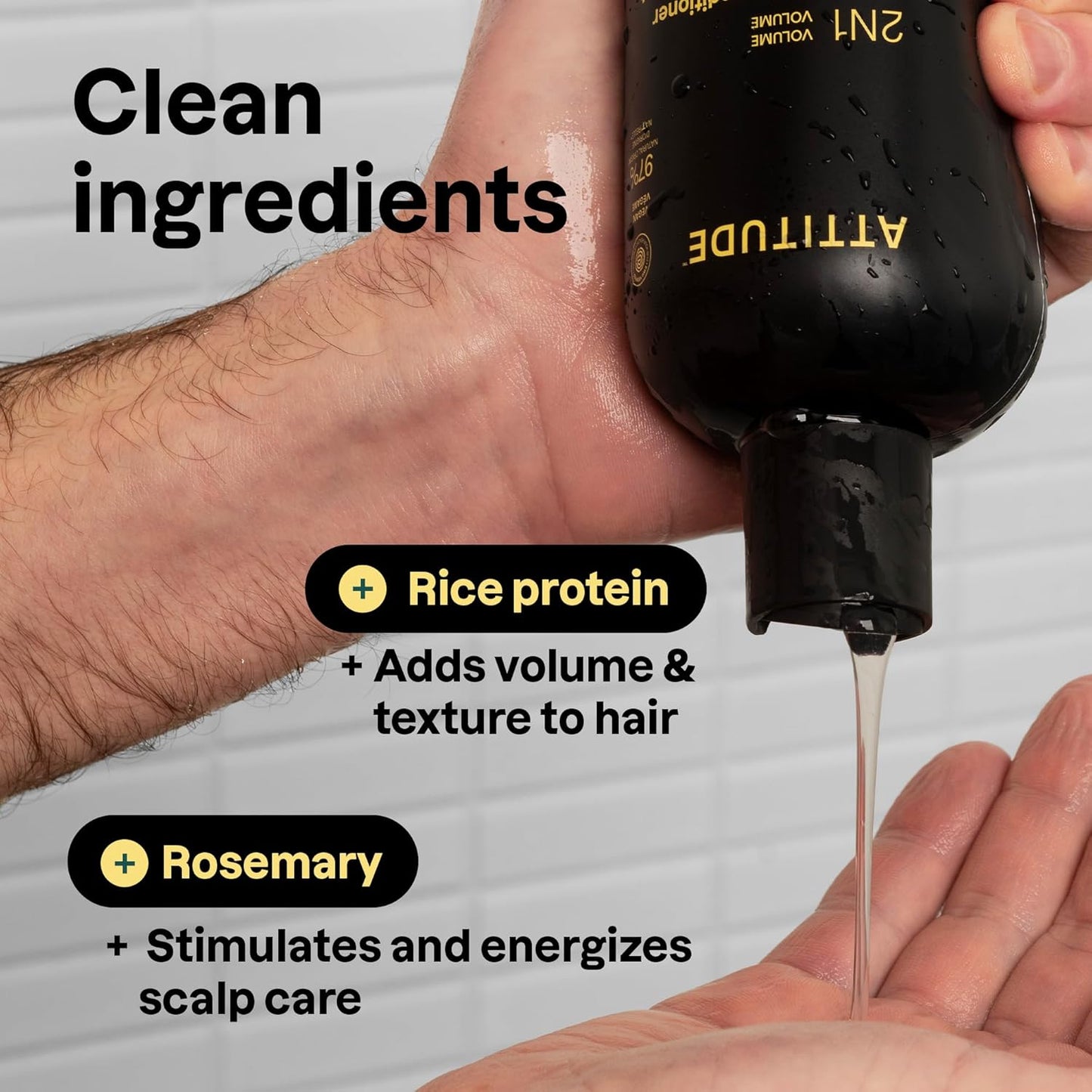 ATTITUDE Men's Shampoo and Conditioner 2-in-1, Volumizing for Thin Hair, With Rosemary and Rice Protein, 97% Natural Origin Ingredients, EWG Verified, Amber & Citrus, 14 Fl Oz (Pack of 3)