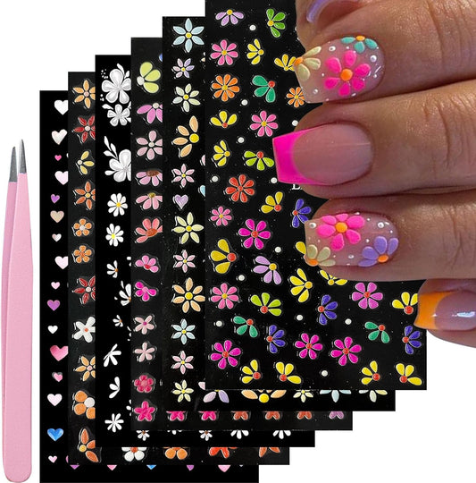 Nail Art Stickers Decals 5D Embossed Flower Nail Decals Self Adhesive Spring Summer Heart Daisy