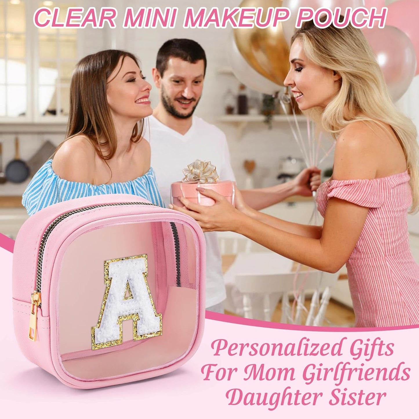 YOOLIFE Initial Mini Makeup Bag | Make Up Bag Travel Toiletry Bag | Clear Makeup Bag | Preppy Cosmetic Bags Organizer Travel Essentials Gifts for Women Teen Girlfriend Teacher Birthday Gifts Pink A