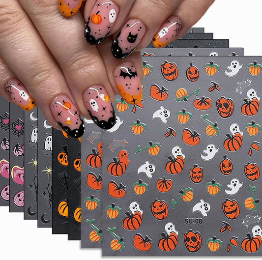 8 Sheets Halloween Nail Art Stickers Cute Ghost Pumpkin 3D Self-Adhesive Nail Decals Spider Web