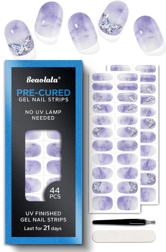 Pre Cured Gel Nail Strips - 44PCS Salon Quality Gel Nail Stickers - Long Lasting Polish Wraps for