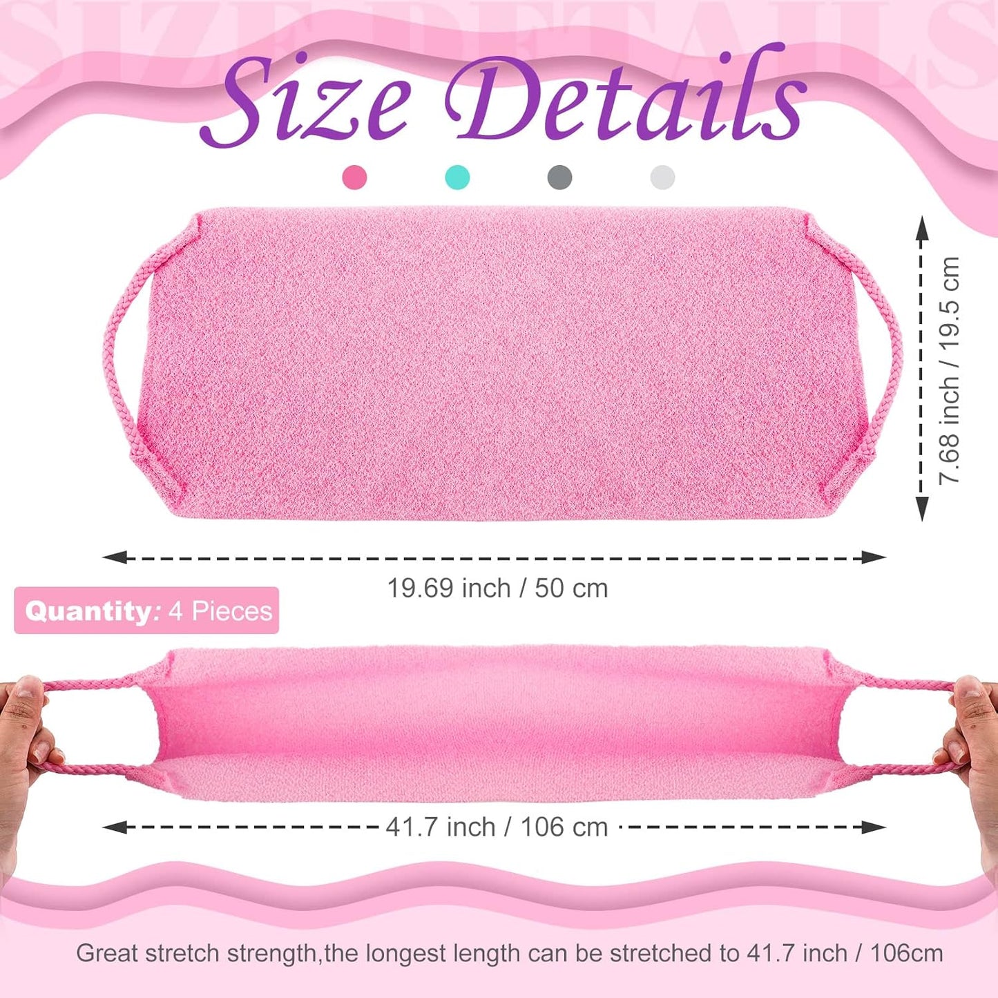 Moukeren Exfoliating Back Scrubber with Handles 4 Pack Nylon Back Exfoliator Extended Length Washers Scrubbers Stretchable Pull Strap Exfoliating Washcloth(Dark Blue, Gray, Beige, Pink)