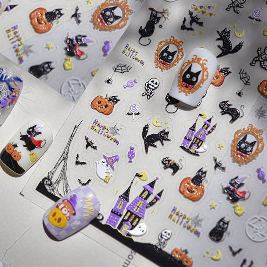 5D Embossed Halloween Nail Stickers Haunted House Ghost Nail Designs Pumpkin Cat Nail Decals 3D