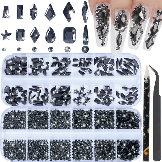HNUIX Nail Rhinestones - 3D Multi Shape Size Crystal, Transparent Gray Nail Gems, Flat Back, with Kit, for Nail Art, DIY Decorations