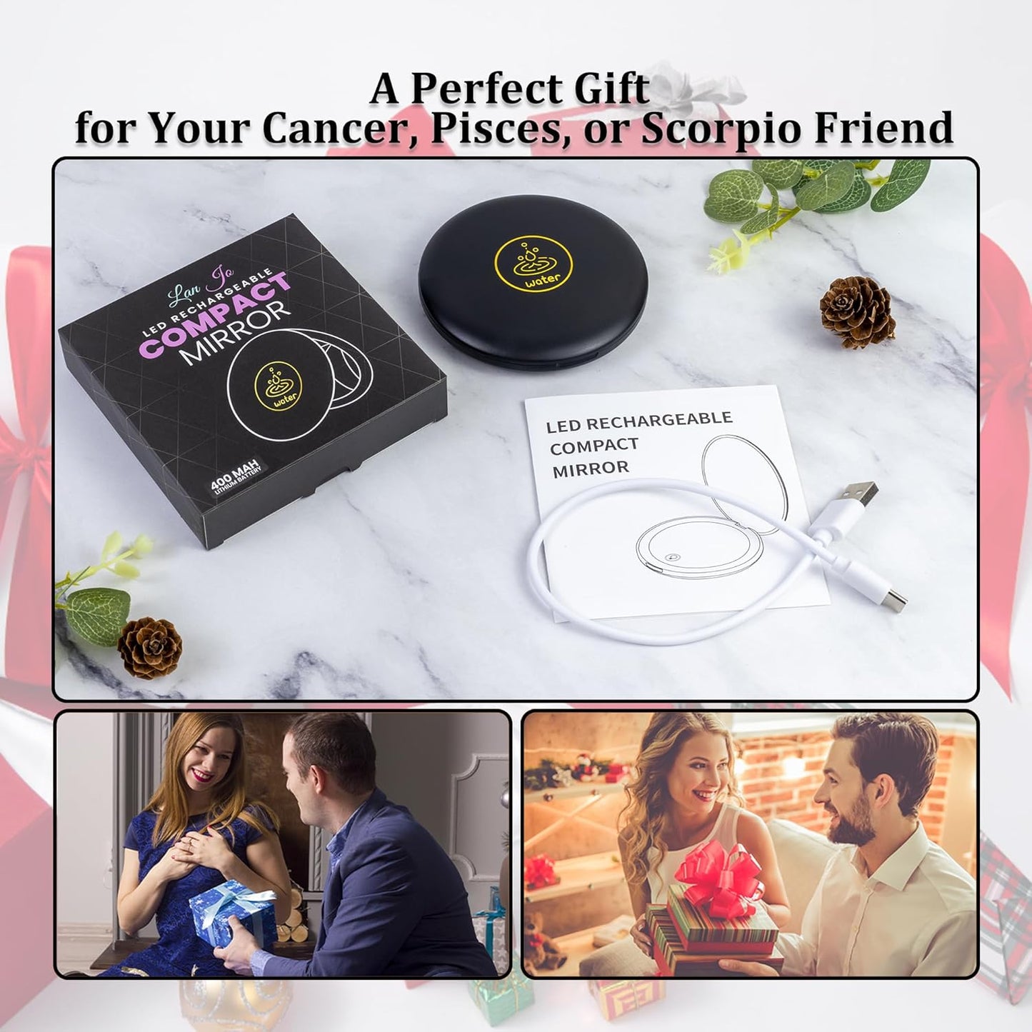 LanJo Lighted Compact Mirror with 1X/5X Magnification, Stepless Dimming & 3 Adjustable Light Settings, Rechargeable Makeup Mirror for Purse, Travel & Gifts – Water Sign Zodiac Design – Black