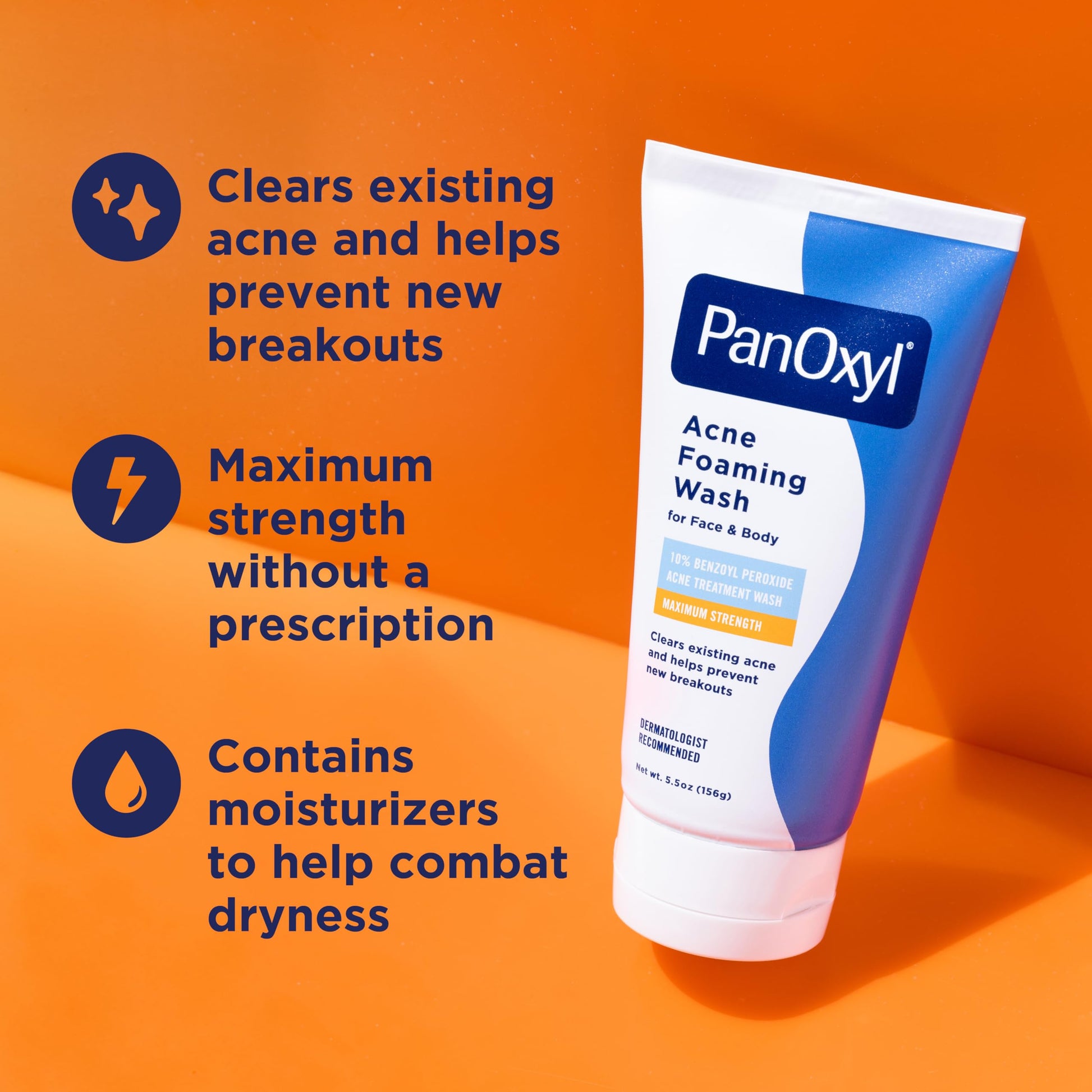 PanOxyl 10% Benzoyl Peroxide Acne Foaming Wash, Maximum Strength, Daily Acne-Fighting Face and Body