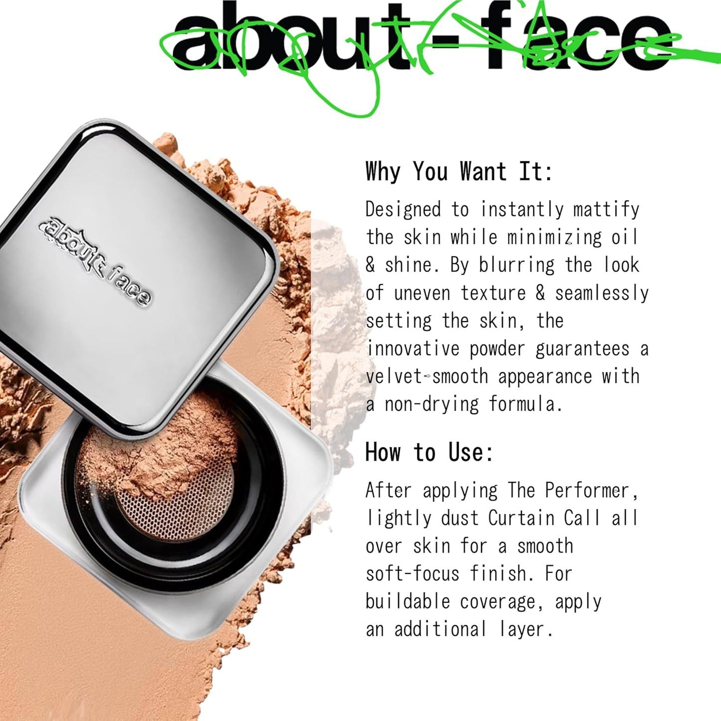 about-face Curtain Call Set & Smooth Loose Powder Draped – Lightweight, Oil-Absorbing Setting Powder with Rice Starch & Corn-Based Talc Alternative – Vegan, Cruelty-Free – 0.35oz (Medium)