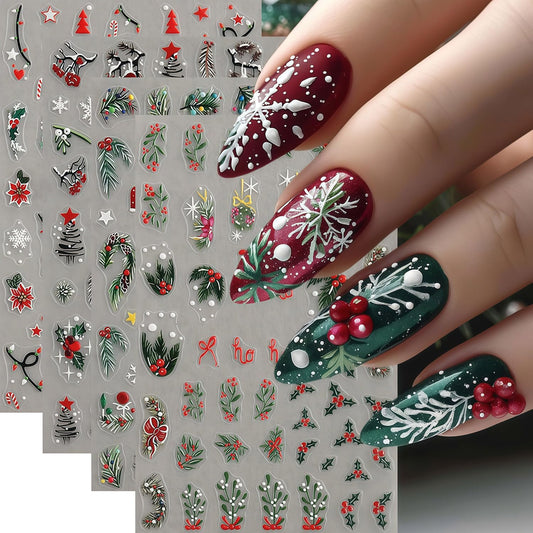 Christmas Nail Stickers 4 Sheets Christmas Nail Art Stickers, 5D Embossed Self-Adhesive Winter