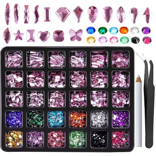 Canvalite 2900Pcs Pink Rhinestones for Nails, 18 Styles Multi Shape Nail Charms and Gems Shiny Glass Crystal Flatback Nail Rhinestones Set for Nail Art with Rhinestone Picker and Tweezers