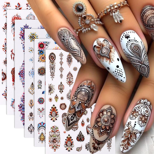 6 Sheets Bohemian Nail Art Stickers Decals Retro Feathers Nails Stickers for Nail Art Self-Adhesive