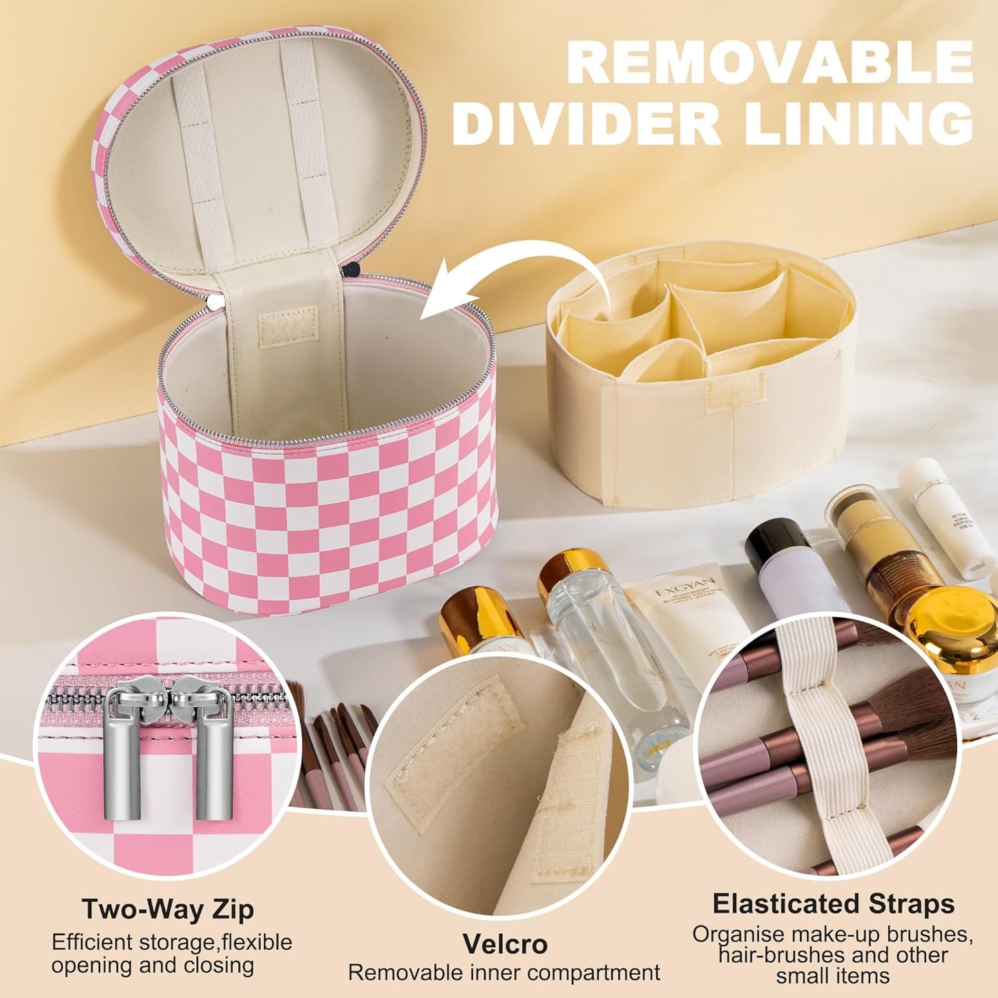 Makeup Bag Vanity Case Cosmetic Bag with Removable Divider Travel Toiletry Bag for Women Portable Make up Box Organizer, Pink and White