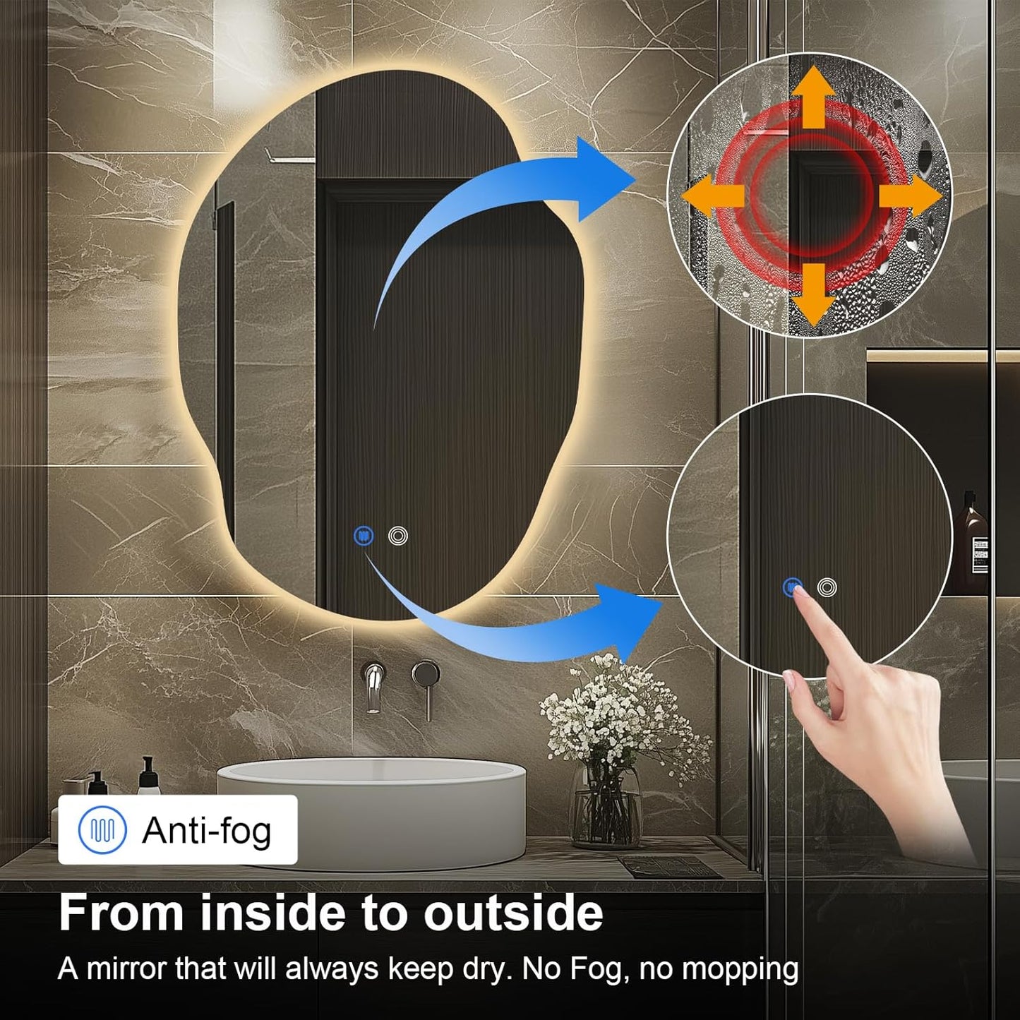 Irregular LED Bathroom Mirror with Lights,Asymmetrical Led Bathroom Vanity Mirror for Wall with Front and Backlit, Anti Fog, 3 Colors and Dimmable Light,[Horizontal/Vertical] 30" H x 22" W