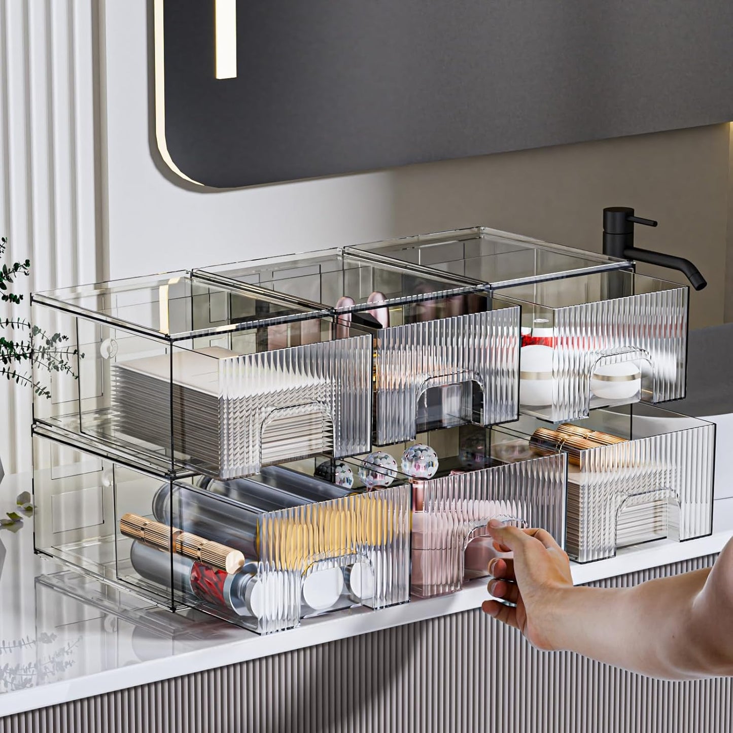 ZHIAI 6 Pack Clear Stackable Storage Drawer, Acrylic Drawer, Cosmetic Organizer, Plastic Organizer for Dresser, Under, Kitchen Cabinet, Pantry, Home Organization and Storage