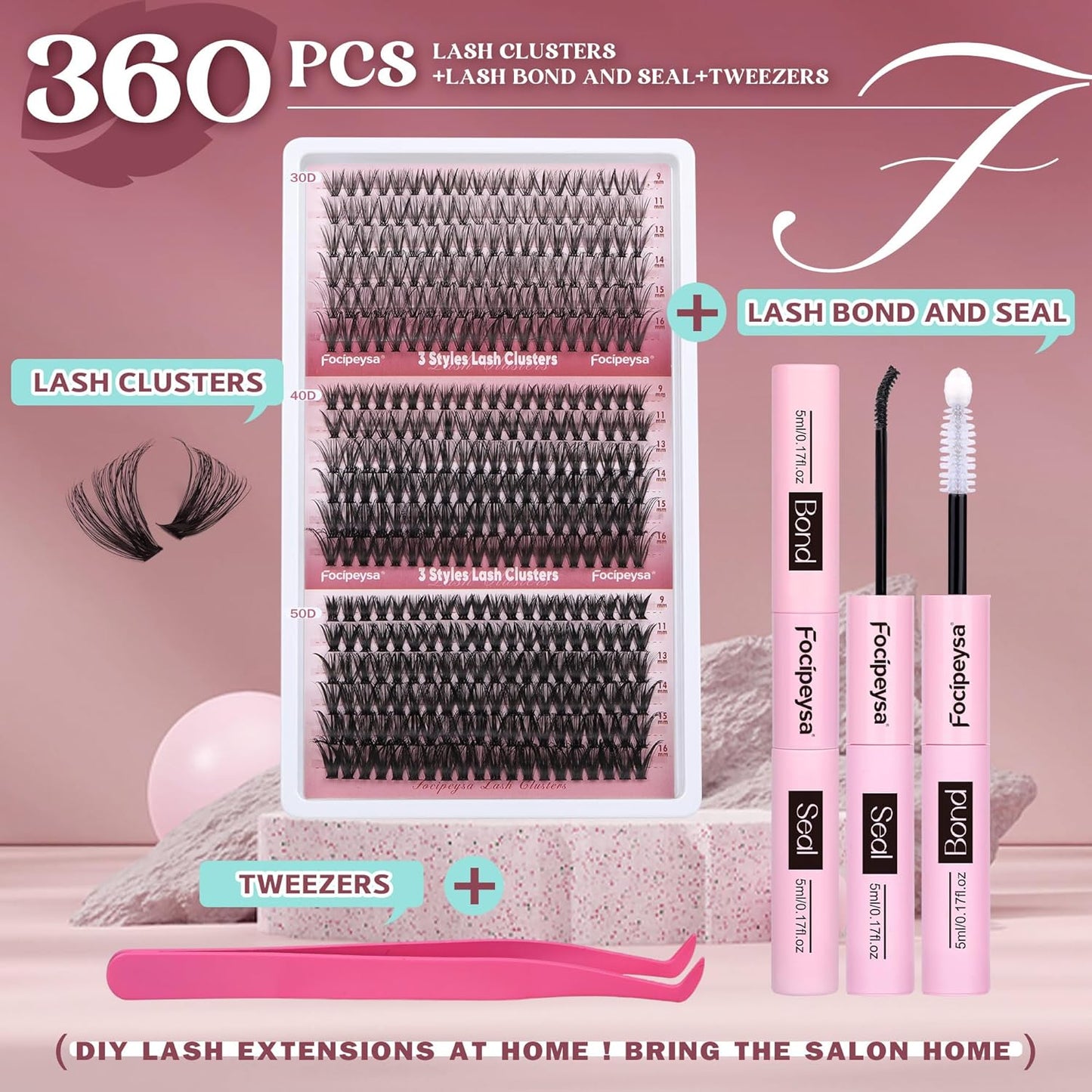 Focipeysa Wispy Lash Clusters 360pcs Eyelash Extension 30D 40D 50D Individual Lashes 9-16mm Mixed Eyelash Clusters Natural Lash Extensions with Lash Bond and Seal and Tweezers DIY Cluster Eyelashes