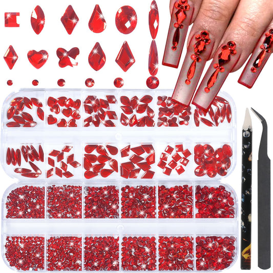 Nail Rhinestones - 3D Multi Shape Size, Flat Back, Crystals Manicure Rhinestones Charms, Red Nail